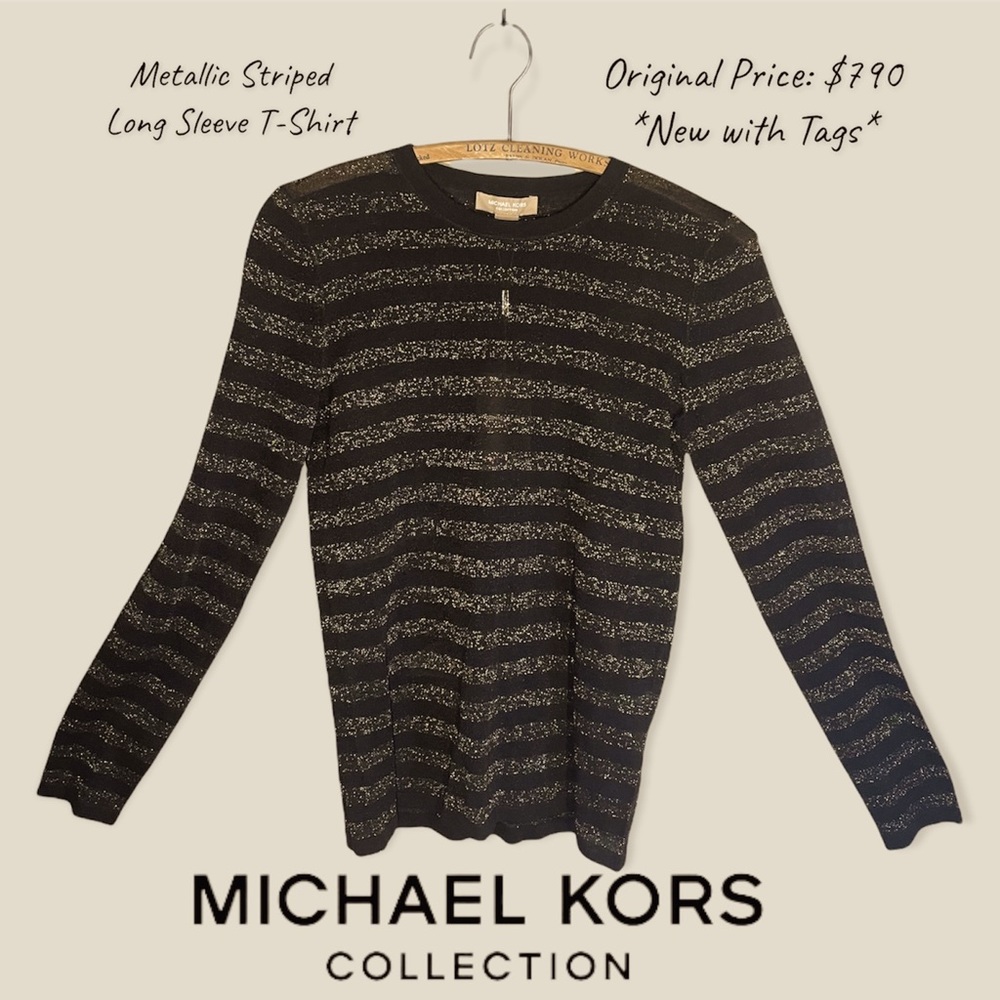 Michael Kors Collection - Metallic Long Sleeve Striped Tee - Gold/Black -Size XS